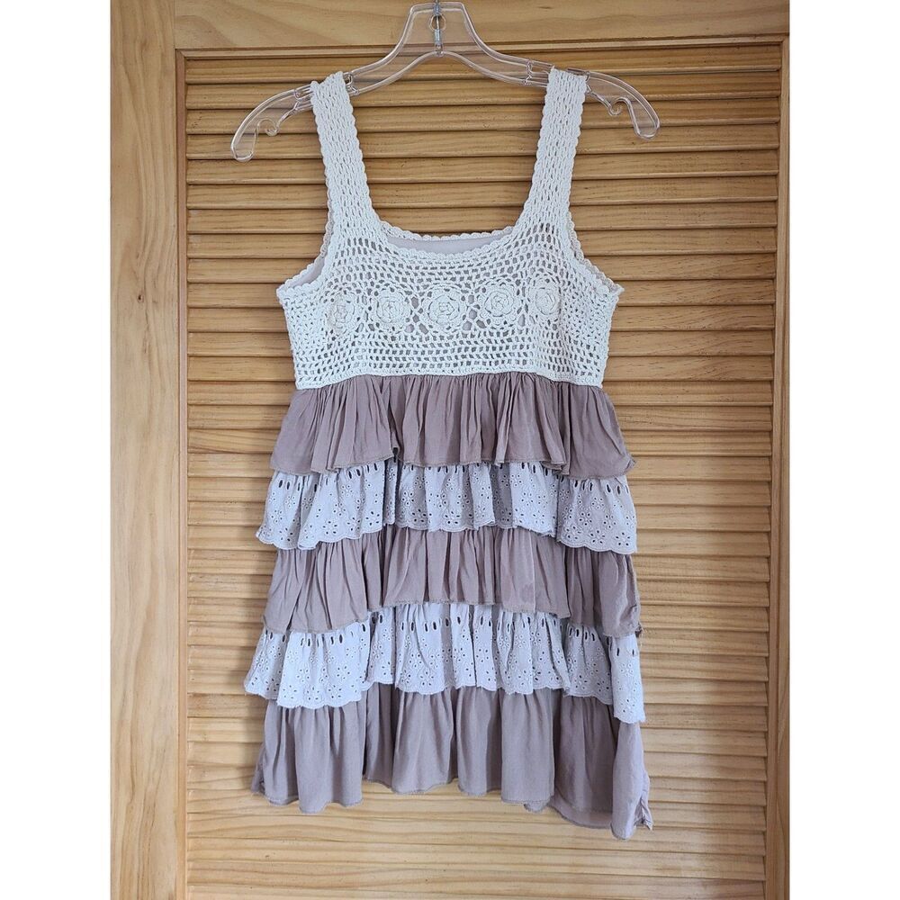 Crochet Ruffled Tiered Y2K Boho Top Soft Brown Cream Eyelet‎ Lace XS Festival
